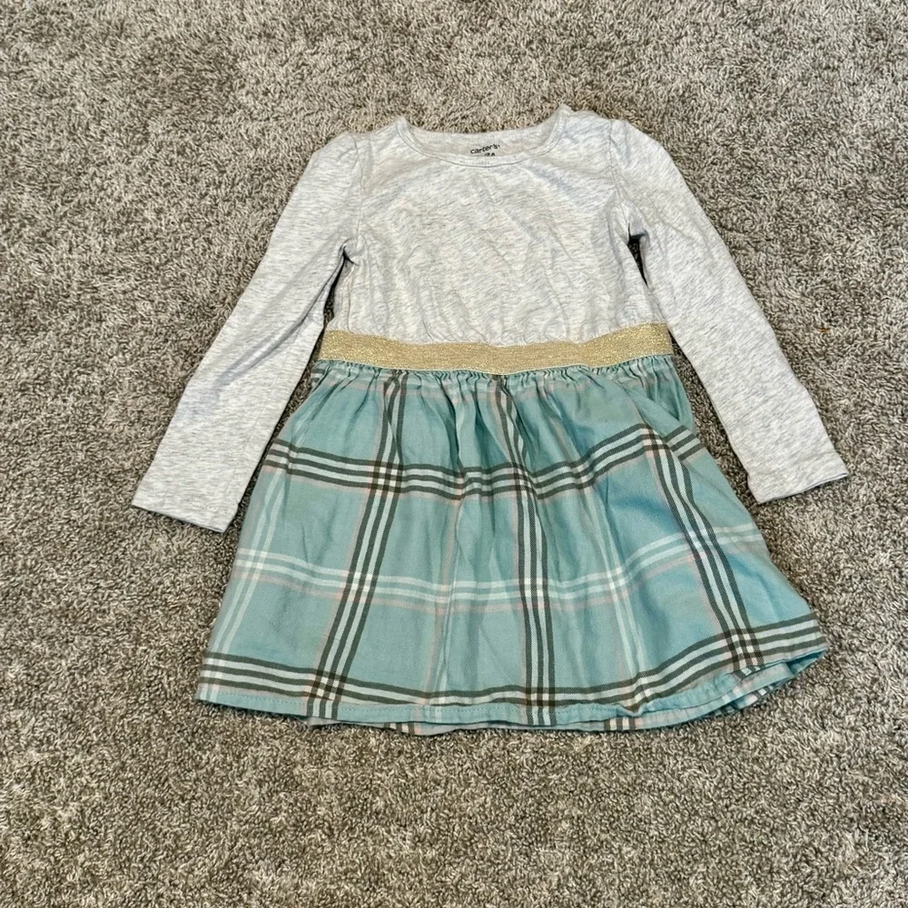Carter’s Toddler Plaid Skirt Dress Gold Sparkle long sleeve Dress Size 4T